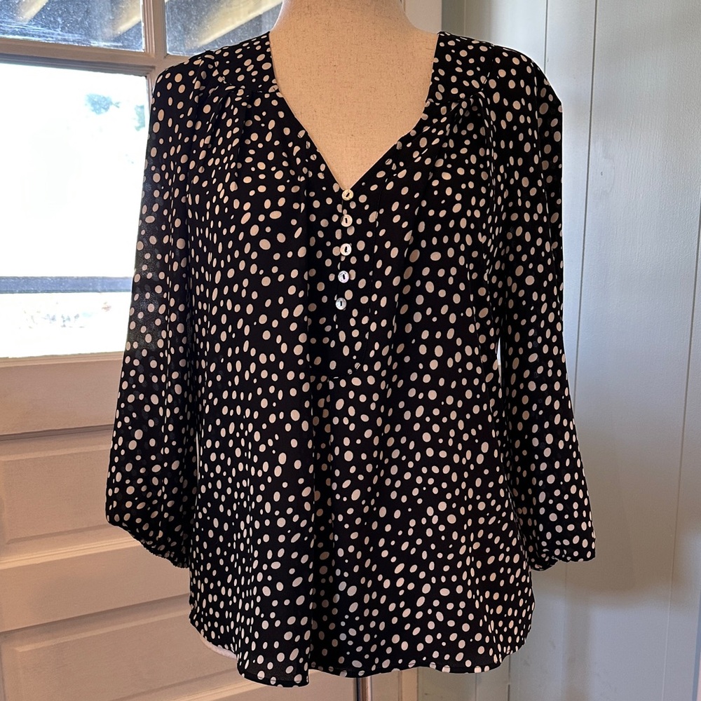 Daniel Rainn Black and White Polka Dot V-Neck Blouse